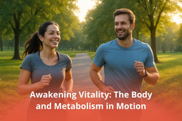 Smiling man and woman jogging on a path in a sunny park, symbolizing active metabolism.